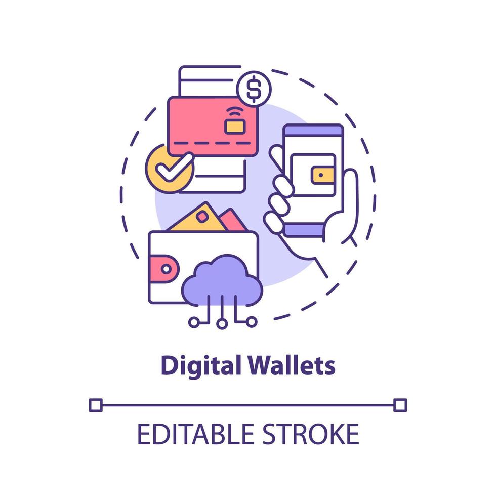 Digital wallets concept icon. Online account. Touchless system abstract idea thin line illustration. Isolated outline drawing. Editable stroke. Roboto-Medium, Myriad Pro-Bold fonts used vector