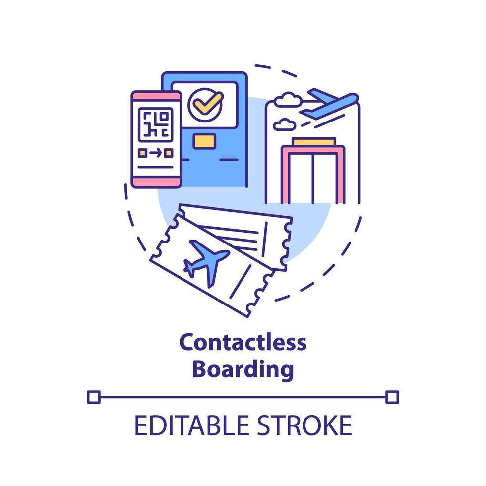 icono del concepto de embarque sin contacto. reservar un vuelo. sistema sin contacto idea abstracta ilustración de línea delgada. dibujo de contorno aislado. trazo editable. roboto-medium, innumerables fuentes pro-bold utilizadas vector