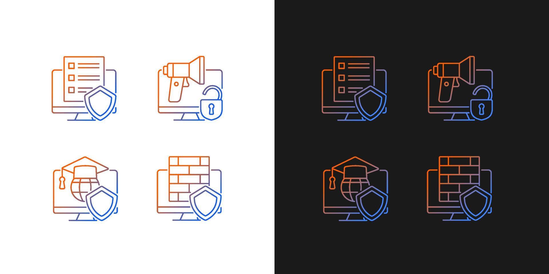 Protect private data gradient icons set for dark and light mode. Firewall and cyber policy. Thin line contour symbols bundle. Isolated vector outline illustrations collection on black and white