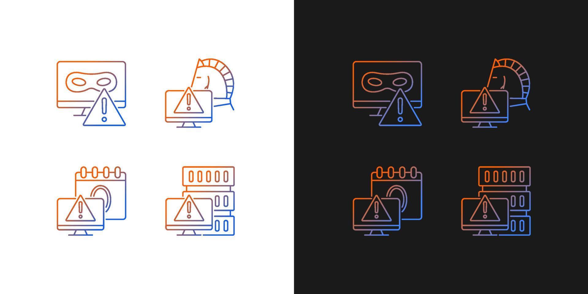Computer system attacks gradient icons set for dark and light mode. Trojan horse and rootkit. Thin line contour symbols bundle. Isolated vector outline illustrations collection on black and white