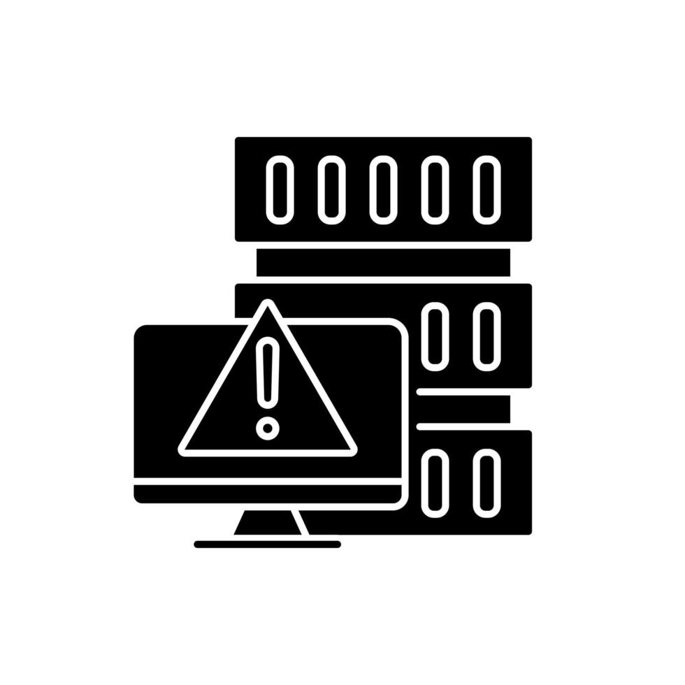 DoS attack black glyph icon. Denial of service. Disruption of computer and server. Cyberattack. System crash. Cyberattack. Silhouette symbol on white space. Vector isolated illustration