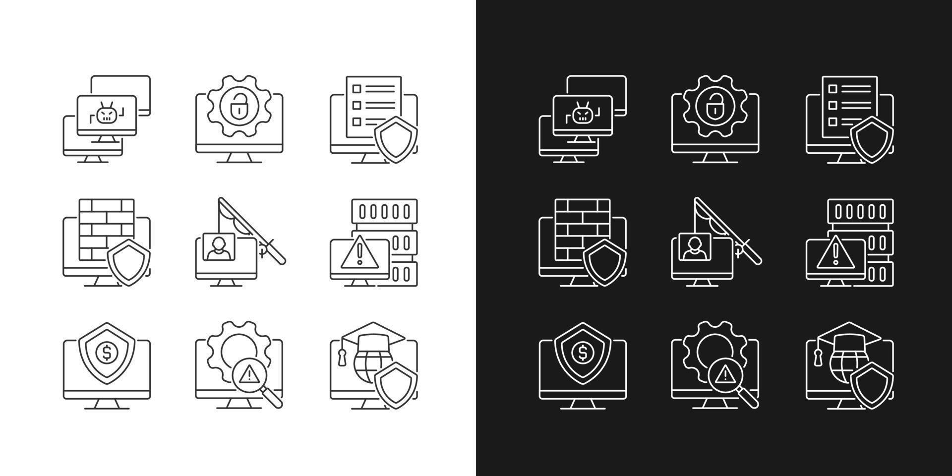 Cybercrime and its prevention linear icons set for dark and light mode. Phishing and Dos attack. Customizable thin line symbols. Isolated vector outline illustrations. Editable stroke