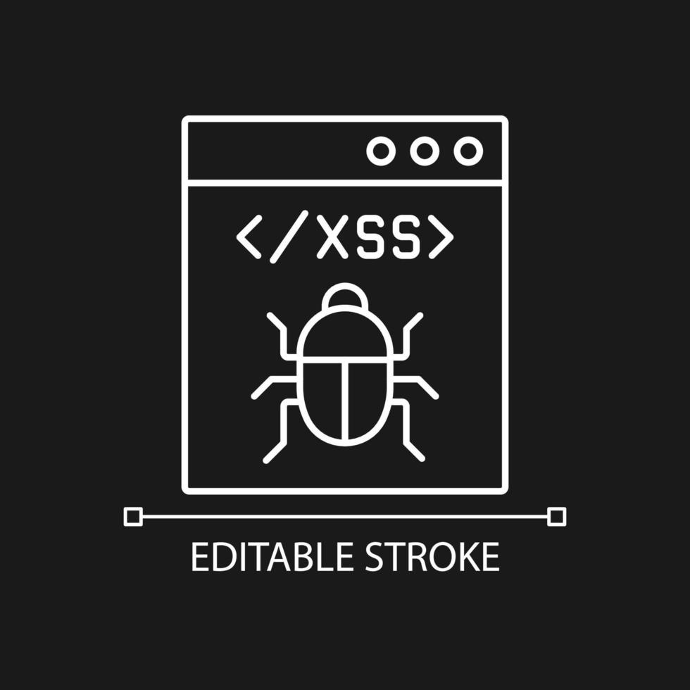 XSS attack white linear icon for dark theme. Cross site scripting. Thin line customizable illustration. Isolated vector contour symbol for night mode. Editable stroke. Arial font used