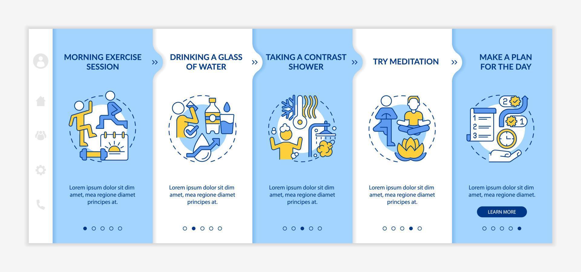 Daily morning routine blue and white onboarding template. Habits of wellness. Responsive mobile website with linear concept icons. Web page walkthrough 5 step screens. Lato-Bold, Regular fonts used vector