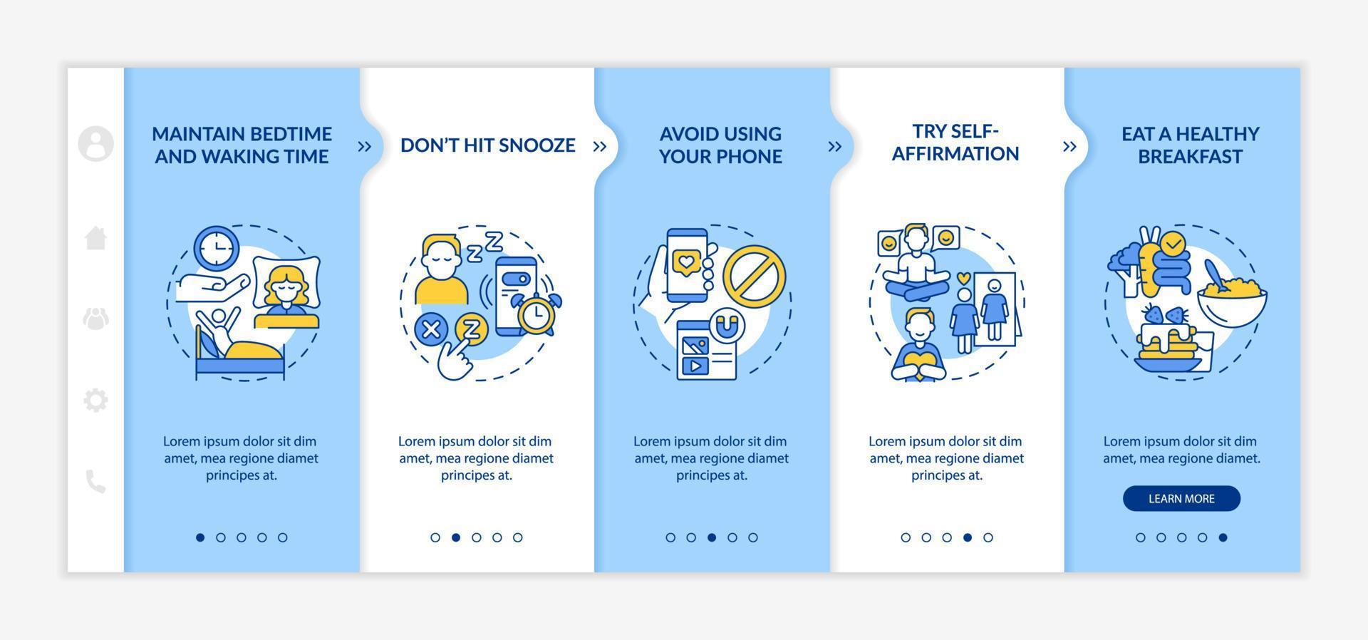 Tips for building morning routine blue and white onboarding template. Day start. Responsive mobile website with linear concept icons. Web page walkthrough 5 step screens. Lato-Bold, Regular fonts used vector