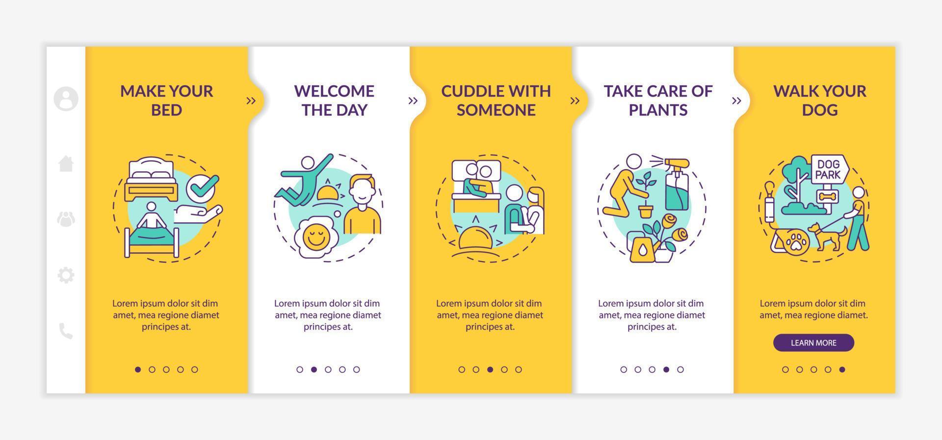 Everyday routine tips yellow onboarding template. Leisure and lifestyle. Responsive mobile website with linear concept icons. Web page walkthrough 5 step screens. Lato-Bold, Regular fonts used vector