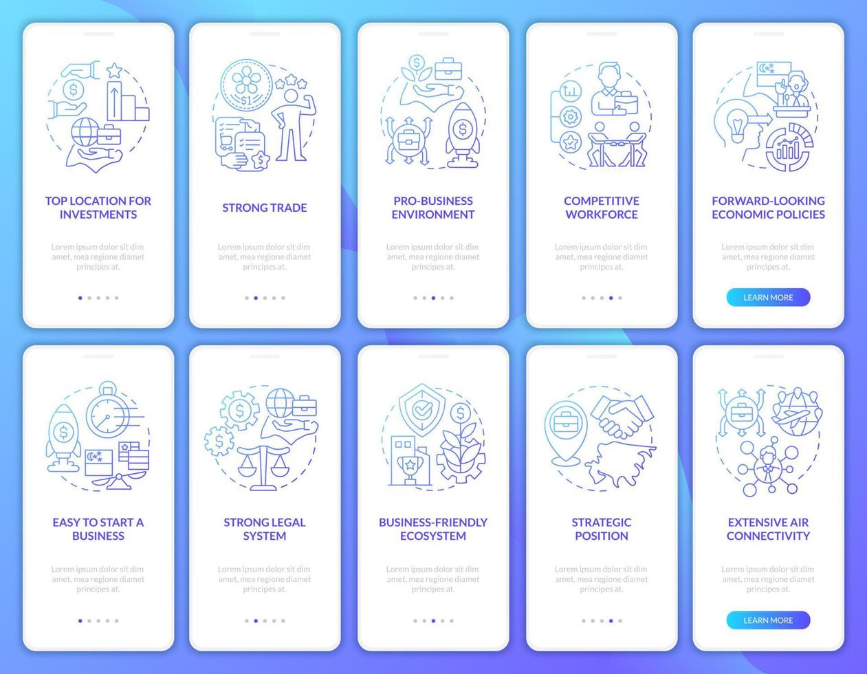 Doing business in Asia blue gradient onboarding mobile app screen set. Walkthrough 5 steps graphic instructions pages with linear concepts. UI, UX, GUI template. Myriad Pro-Bold, Regular fonts used vector
