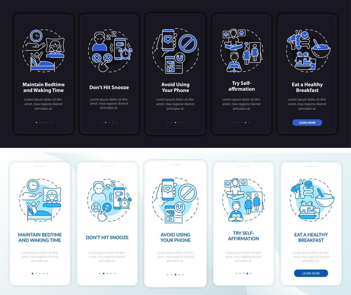 Sugerencias para el modo de inicio de día, noche y día al incorporar la pantalla de la aplicación móvil. tutorial de ideas 5 pasos páginas de instrucciones gráficas con conceptos lineales. interfaz de usuario, ux, plantilla de interfaz gráfica de usuario. innumerables fuentes pro-negrita y regulares utilizadas vector