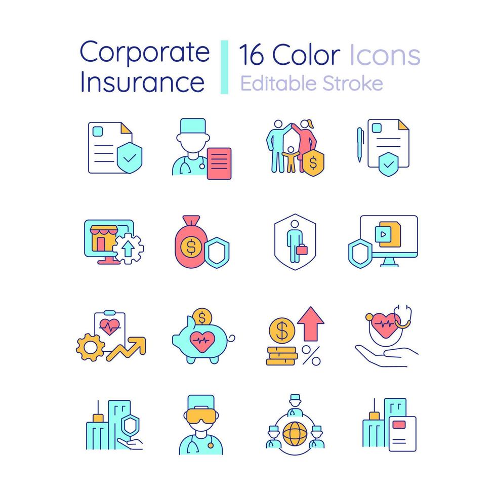 Corporate insurance RGB color icons set. Risk management. Protection for life and health. Finance compensation. Isolated vector illustrations. Simple filled line drawings collection. Editable stroke