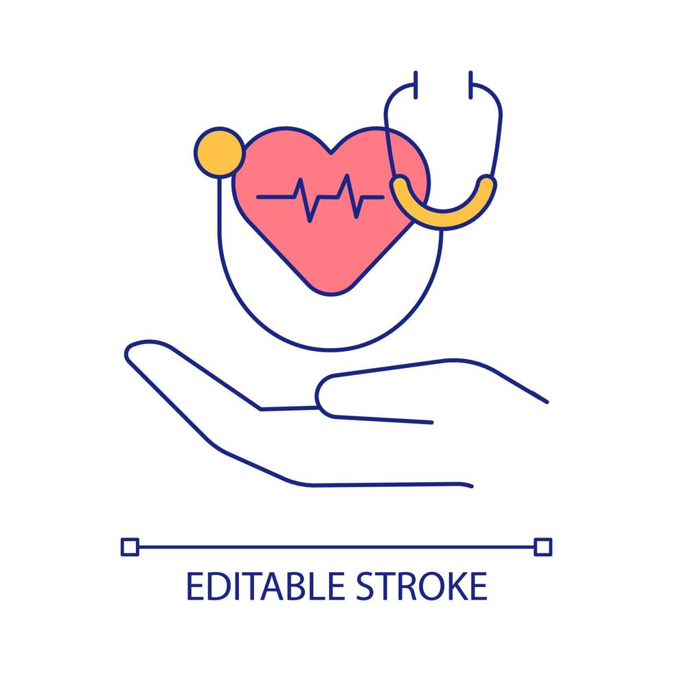 icono de color rgb del seguro de salud. servicio de cobertura de salud. reclamo de tratamiento clínico. seguridad del paciente. ilustración vectorial aislada. dibujo de línea rellena simple. trazo editable. fuente arial utilizada vector