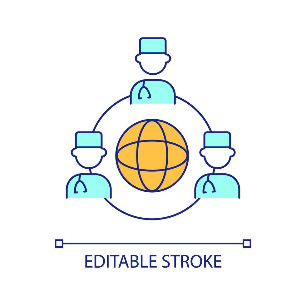 Expansive provider network RGB color icon. International medical service. Medical administration. Isolated vector illustration. Simple filled line drawing. Editable stroke. Arial font used
