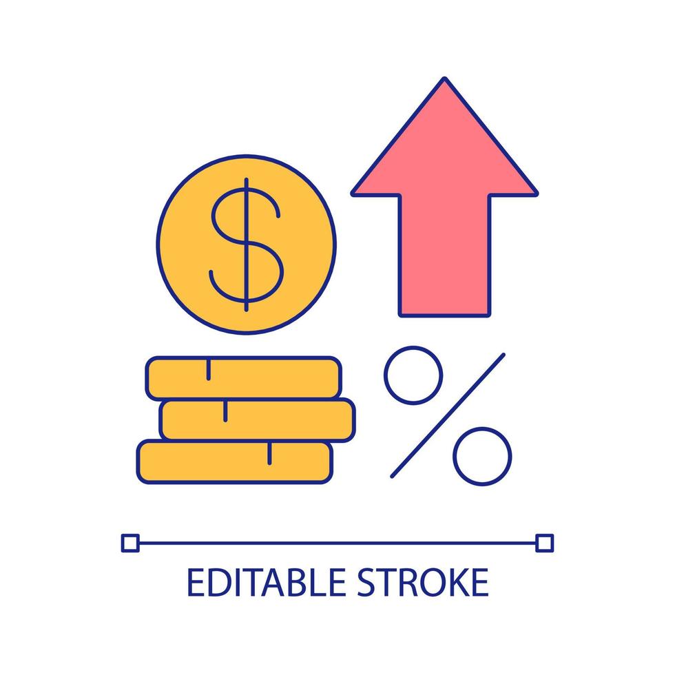 Incease in investment rate RGB color icon. Interest from financial income. Commercial deal. Isolated vector illustration. Simple filled line drawing. Editable stroke. Arial font used