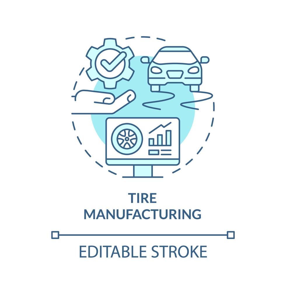 Tire manufacturing turquoise concept icon. Automotive industry abstract idea thin line illustration. Digital twin. Isolated outline drawing. Editable stroke. Roboto-Medium, Myriad Pro-Bold fonts used vector