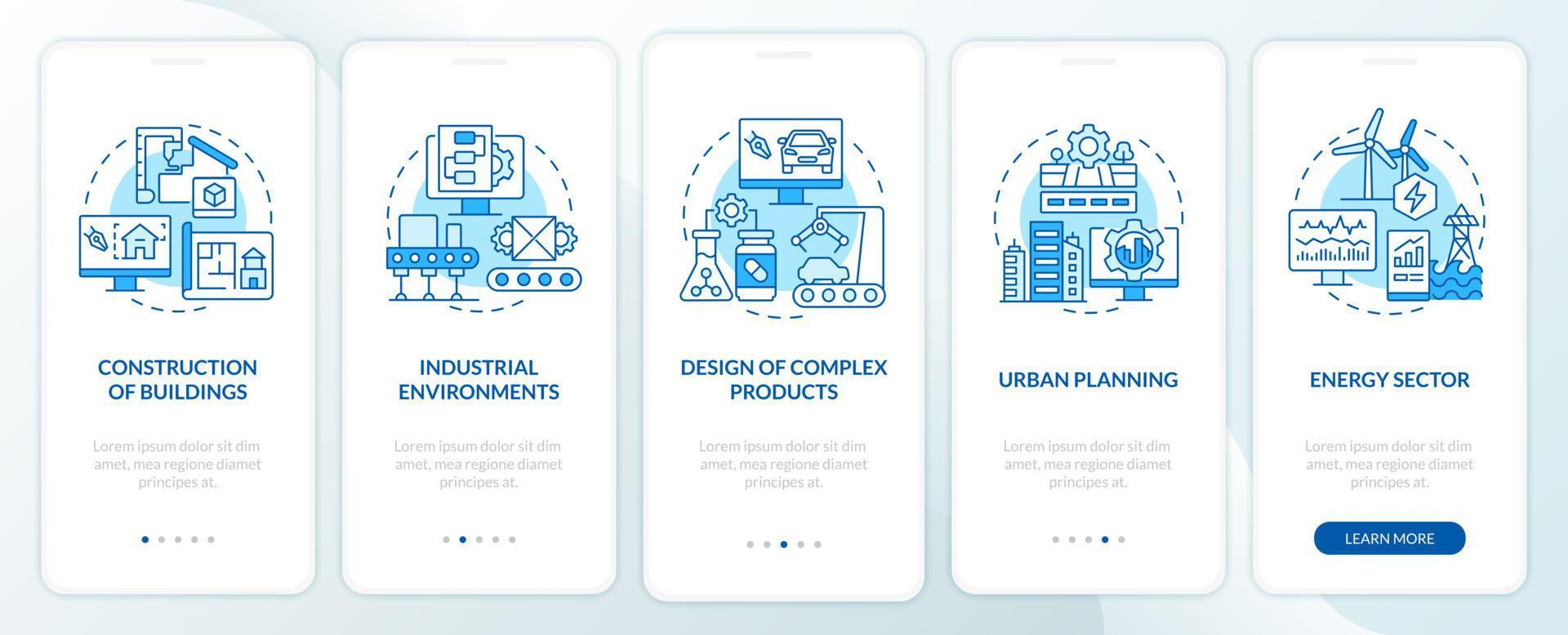 Digital twin use cases blue onboarding mobile app screen. Urban planning walkthrough 5 steps graphic instructions pages with linear concepts. UI, UX, GUI template. Myriad Pro-Bold, Regular fonts used vector