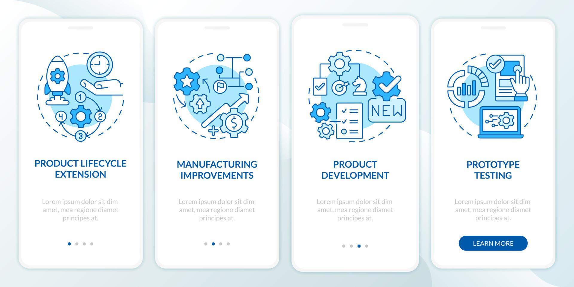 Digital twin tasks blue onboarding mobile app screen. Prototype testing walkthrough 4 steps graphic instructions pages with linear concepts. UI, UX, GUI template. Myriad Pro-Bold, Regular fonts used vector