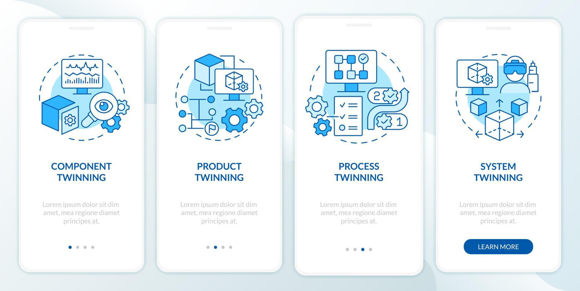 Twinning levels blue onboarding mobile app screen. Component and process walkthrough 4 steps graphic instructions pages with linear concepts. UI, UX, GUI template. Myriad Pro-Bold, Regular fonts used vector