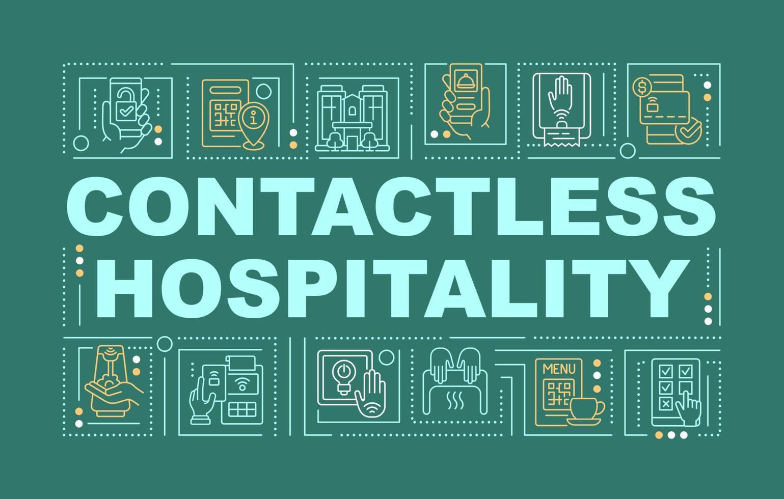 Contactless hospitality word concepts green banner. Infographics with linear icons on background. Isolated typography. Vector outline color illustration with text. Arial-Black font used