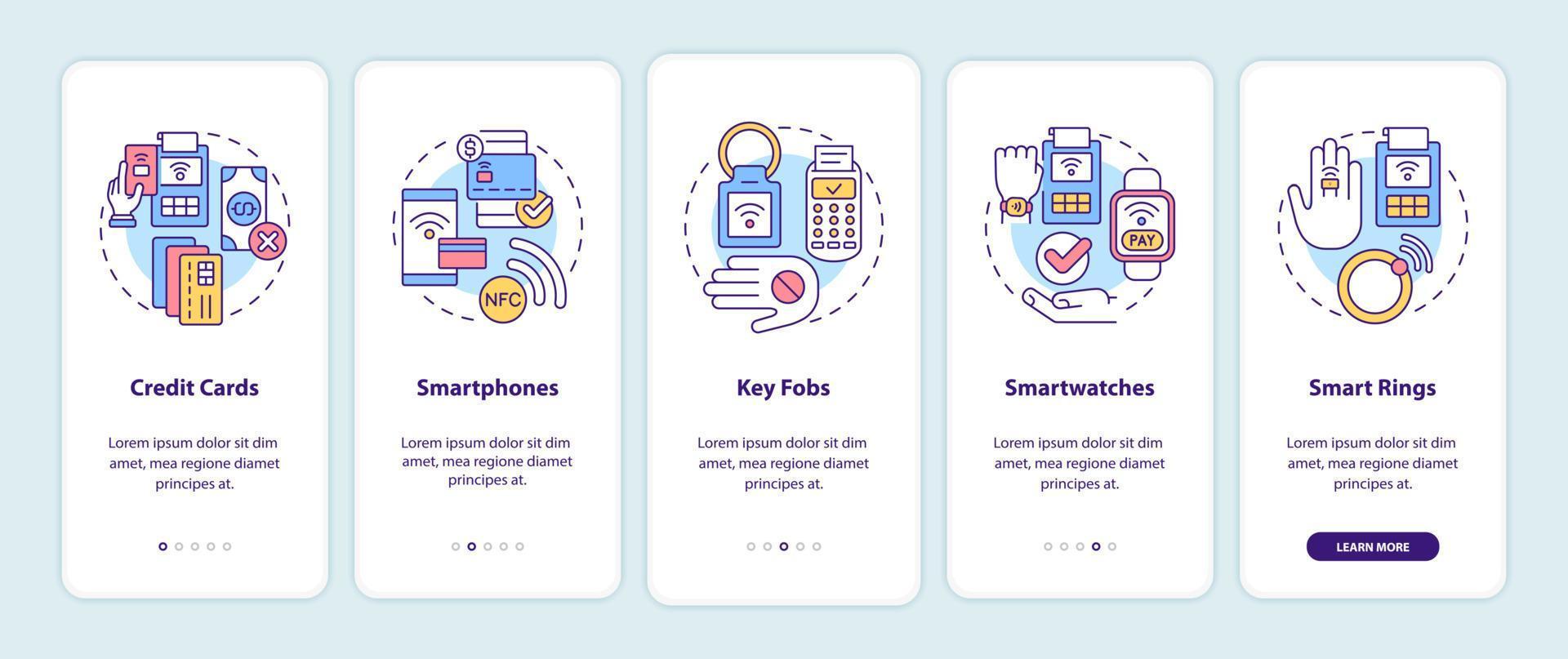 Payment methods onboarding mobile app screen. Cashless service walkthrough 5 steps graphic instructions pages with linear concepts. UI, UX, GUI template. Myriad Pro-Bold, Regular fonts used vector