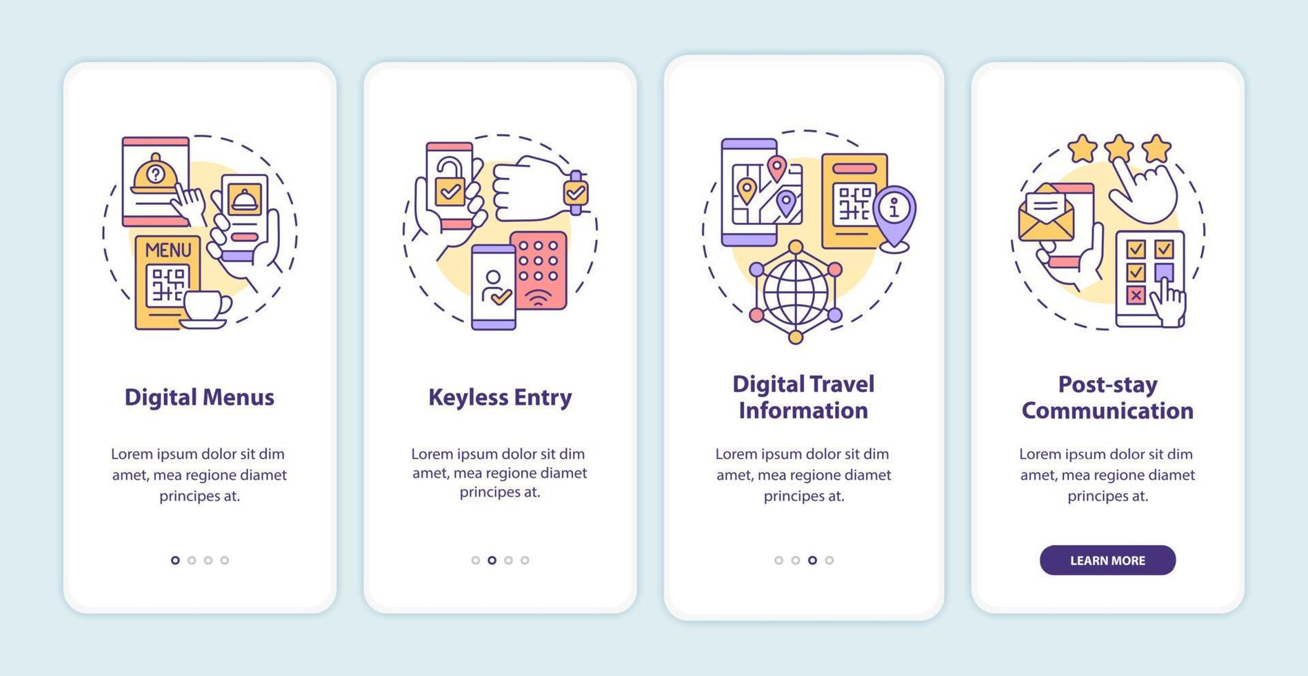 Contactless technology for hotels onboarding mobile app screen. Service walkthrough 4 steps graphic instructions pages with linear concepts. UI, UX, GUI template. Myriad Pro-Bold, Regular fonts used vector