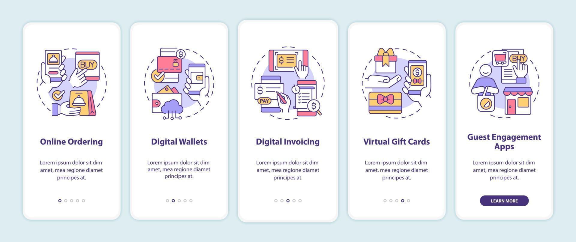 Contactless solution examples onboarding mobile app screen. Smart service walkthrough 5 steps graphic instructions pages with linear concepts. UI, UX, GUI template. Myriad Pro-Bold, Regular fonts used vector