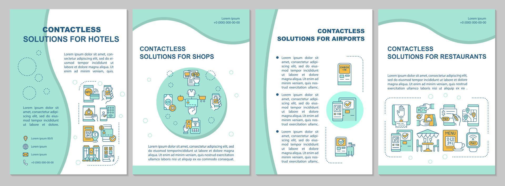 Contactless solutions for public place mint brochure template. Booklet print design with linear icons. Vector layouts for presentation, annual reports, ads. Arial, Myriad Pro-Regular fonts used