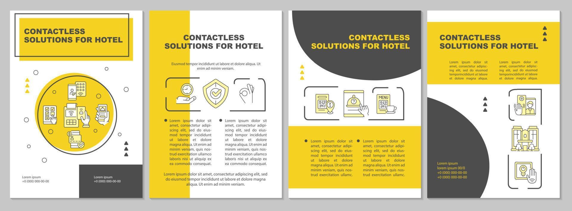 soluciones sin contacto para la plantilla de folleto amarillo del hotel. diseño de impresión de folletos con iconos lineales. diseños vectoriales para presentación, informes anuales, anuncios. arial, innumerables fuentes pro-regulares utilizadas vector