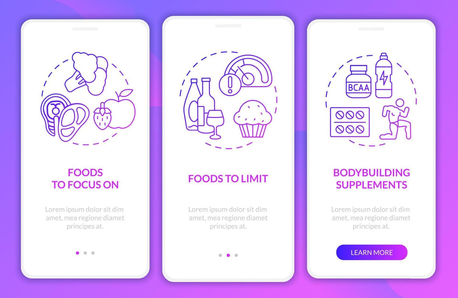 Bodybuilding nutrition purple gradient onboarding mobile app screen. Fit walkthrough 3 steps graphic instructions pages with linear concepts. UI, UX, GUI template. Myriad Pro-Bold, Regular fonts used vector