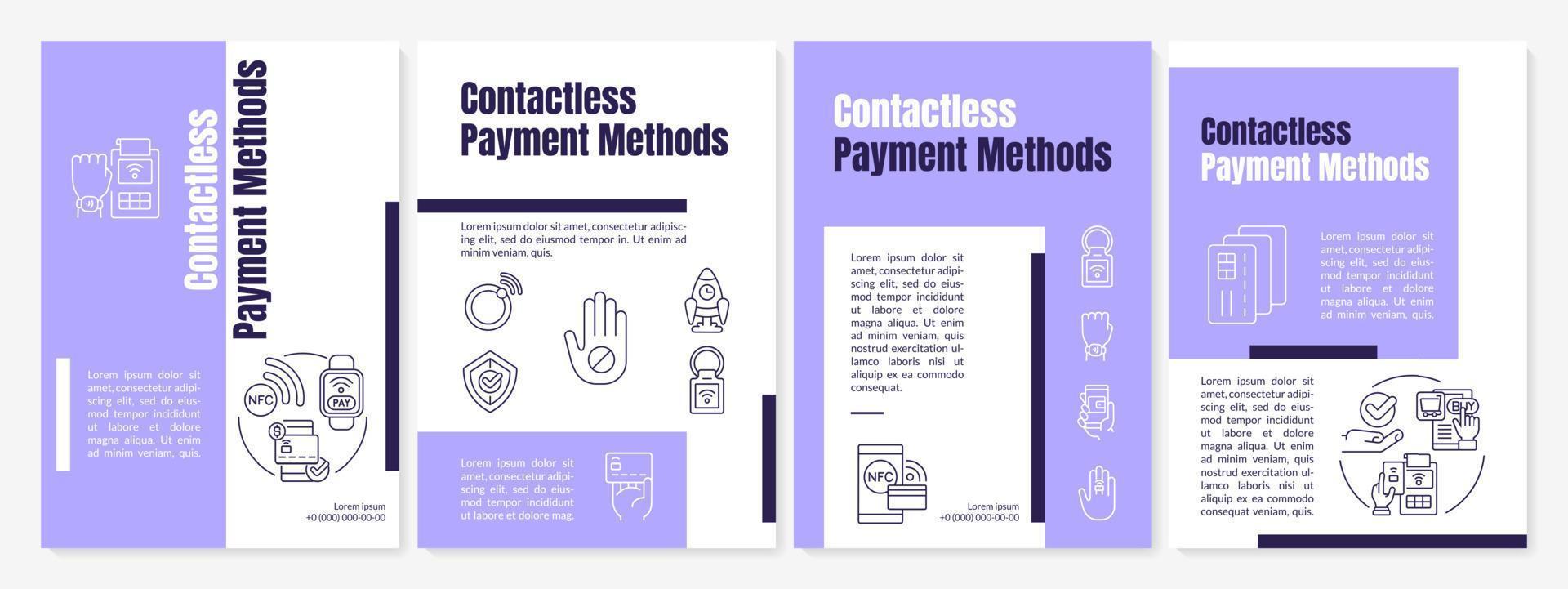 Contactless payment method purple brochure template. Booklet print design with linear icons. Vector layouts for presentation, annual reports, ads. Anton-Regular, Lato-Regular fonts used