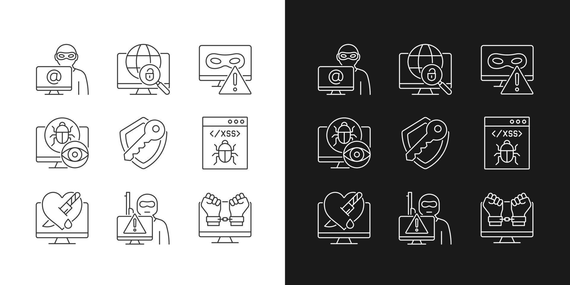 Cyber attacks types linear icons set for dark and light mode. Network crash. Spyware, rootkit. Customizable thin line symbols. Isolated vector outline illustrations. Editable stroke