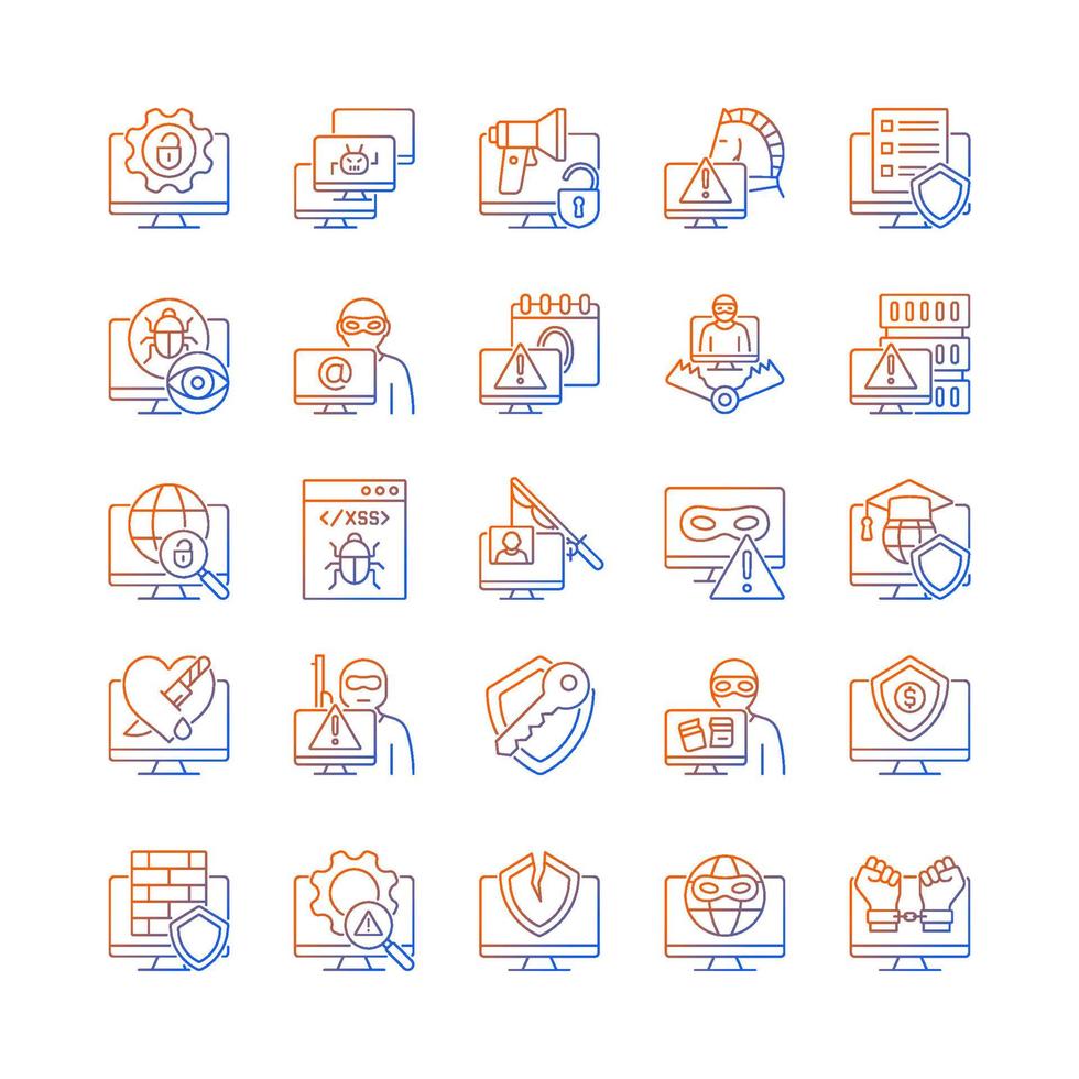 Hacker attack gradient linear vector icons set. Cybercrime. Computer system, network disruption. Isolated vector illustrations. Simple filled line drawings collection. Editable stroke