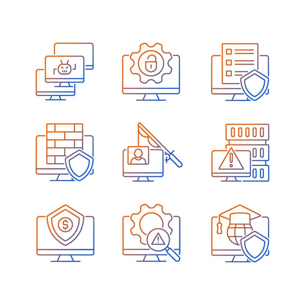 Cybercrime and its prevention gradient linear vector icons set. Phishing and Dos attack. Cybersecurity methods.Thin line contour symbols bundle. Isolated outline illustrations collection