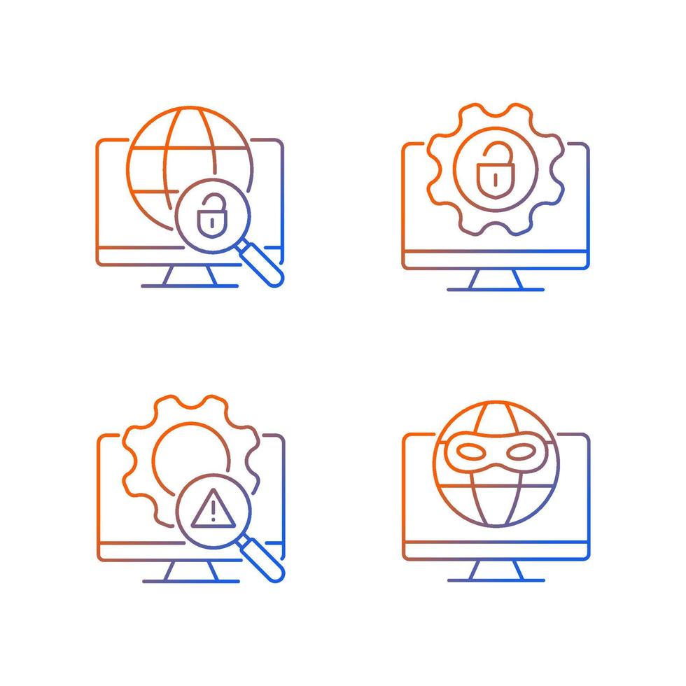 Illegal activities detection gradient linear vector icons set. Jailbreak and darknet. Cyber security. Malicious software.Thin line contour symbols bundle. Isolated outline illustrations collection