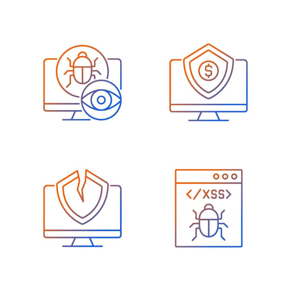 Computer vulnerability exploitation gradient linear vector icons set. Hacker attacks. Network disruption. Cyber insurance.Thin line contour symbols bundle. Isolated outline illustrations collection