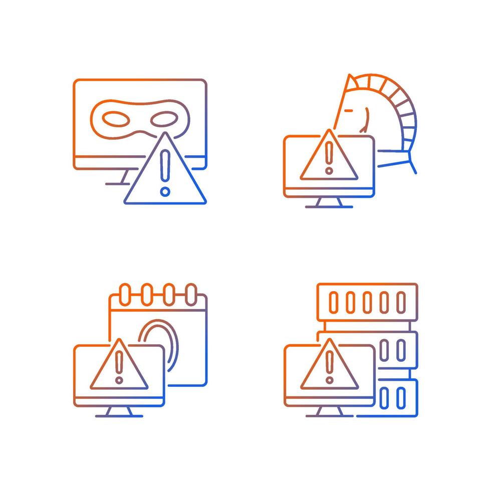 el sistema informático ataca el conjunto de iconos vectoriales lineales degradados. caballo de Troya y rootkit. interrupción de la red informática. paquete de símbolos de contorno de línea delgada. colección de ilustraciones de contorno aislado vector