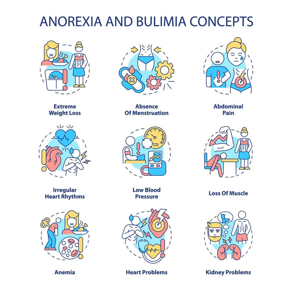 Anorexia and bulimia concept icons set. Weight gain problems. Eating disorders idea thin line color illustrations. Isolated outline drawings. Editable stroke. Roboto-Medium, Myriad Pro-Bold fonts used vector