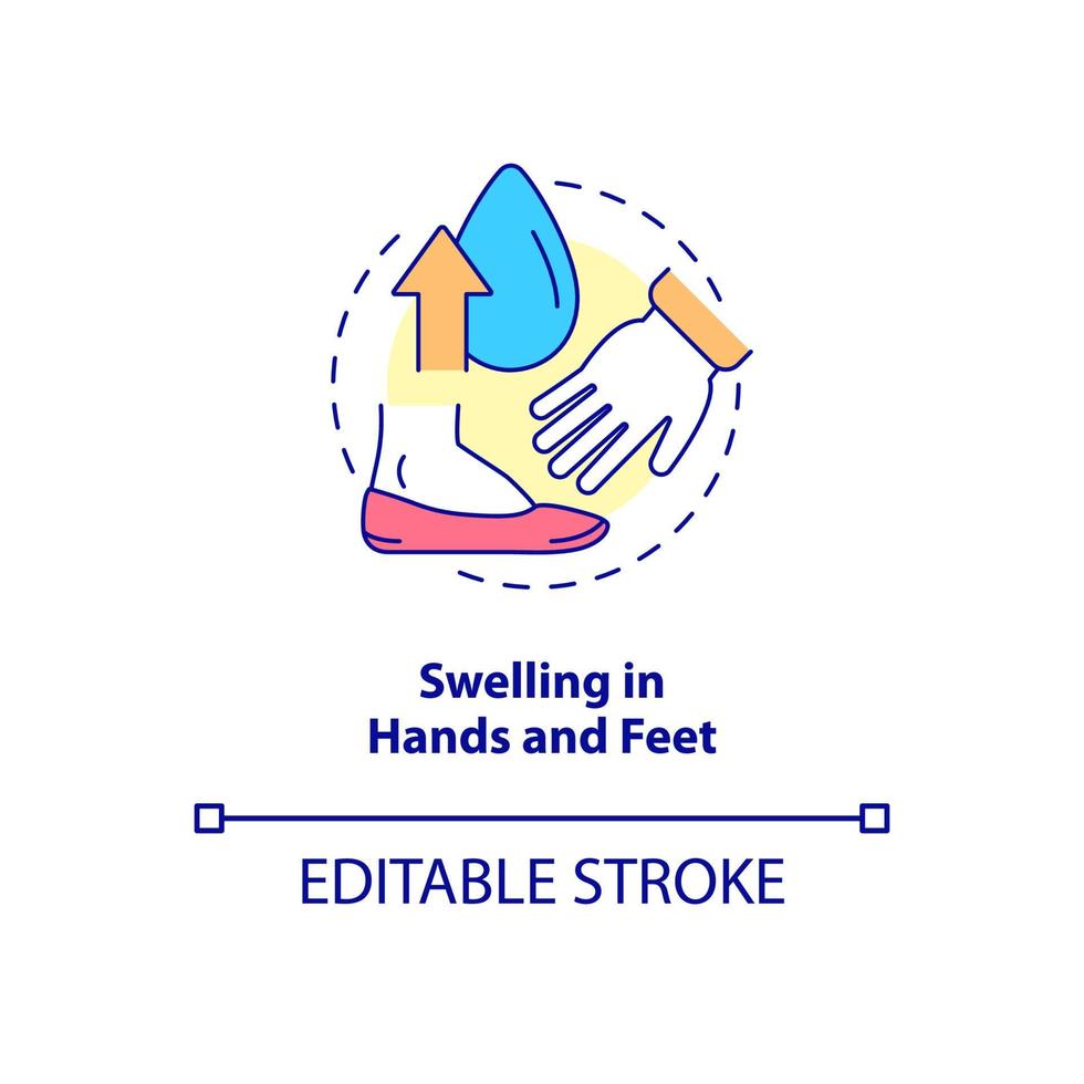 Swelling in hands and feet concept icon. Limbs enlargement. Edema abstract idea thin line illustration. Isolated outline drawing. Editable stroke. Roboto-Medium, Myriad Pro-Bold fonts used vector