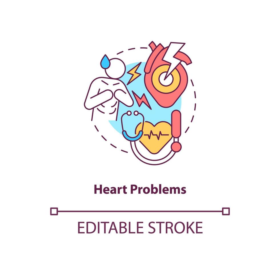 Heart problems concept icon. Cardiovascular system disease. Chest pain abstract idea thin line illustration. Isolated outline drawing. Editable stroke. Roboto-Medium, Myriad Pro-Bold fonts used vector