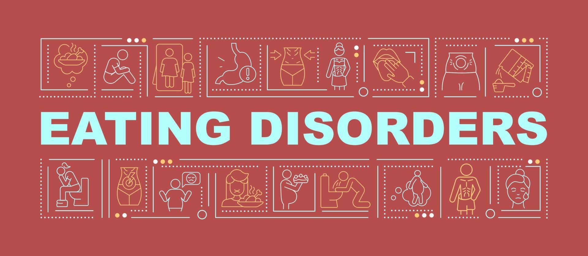 Eating disorders word concepts red banner. Anorexia nervosa. Infographics with linear icons on background. Isolated typography. Vector outline color illustration with text. Arial-Black font used