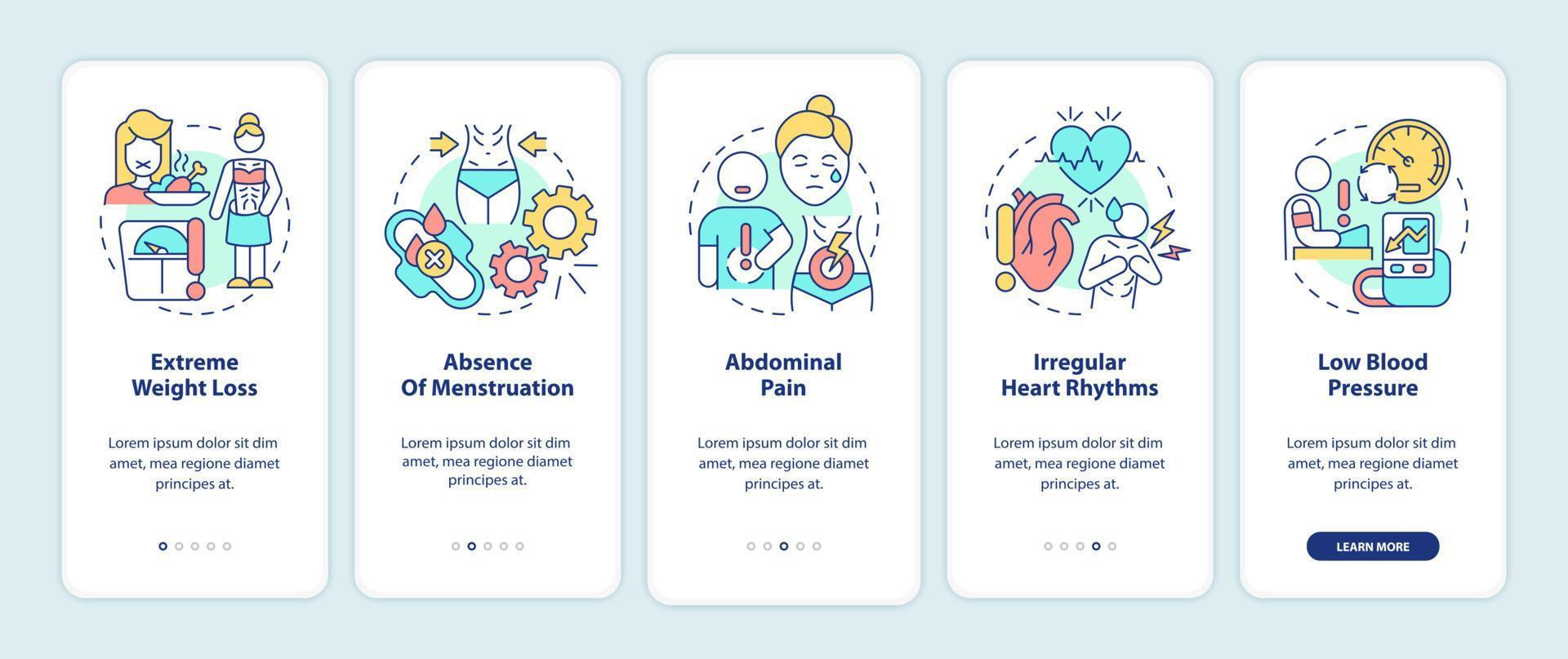 síntomas de anorexia al incorporar la pantalla de la aplicación móvil. Tutorial de pérdida de peso extrema 5 pasos páginas de instrucciones gráficas con conceptos lineales. interfaz de usuario, ux, plantilla de interfaz gráfica de usuario. innumerables fuentes pro-negrita y regulares utilizadas vector