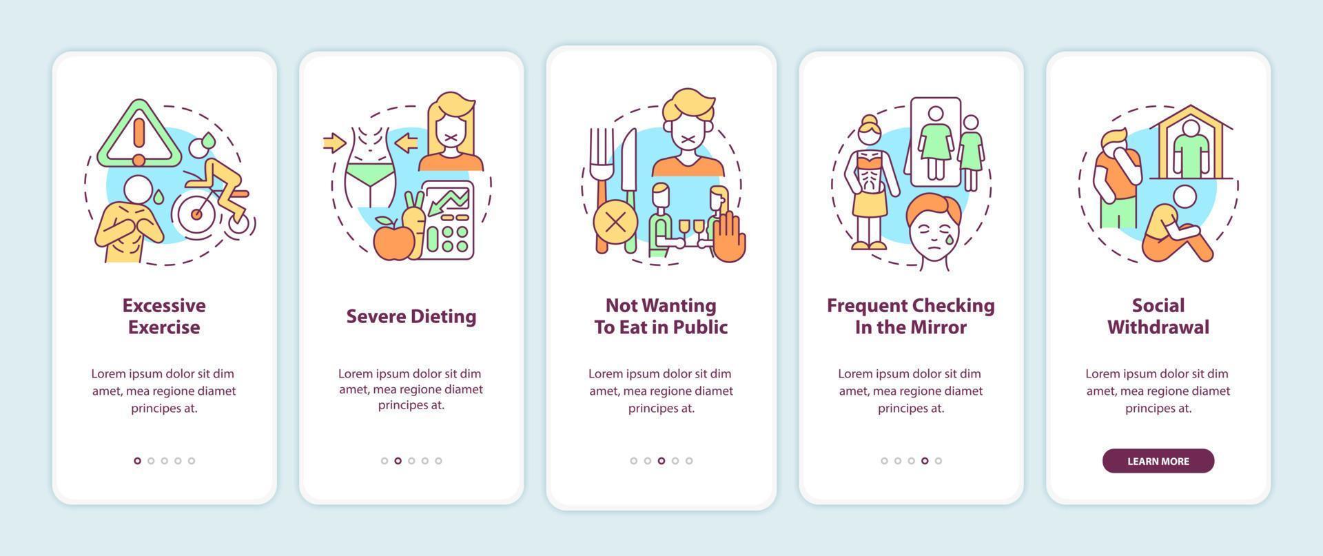Anorexia emotional and behavioral symptoms onboarding mobile app screen. Walkthrough 5 steps graphic instructions pages with linear concepts. UI, UX, GUI template. Myriad Pro-Bold, Regular fonts used vector