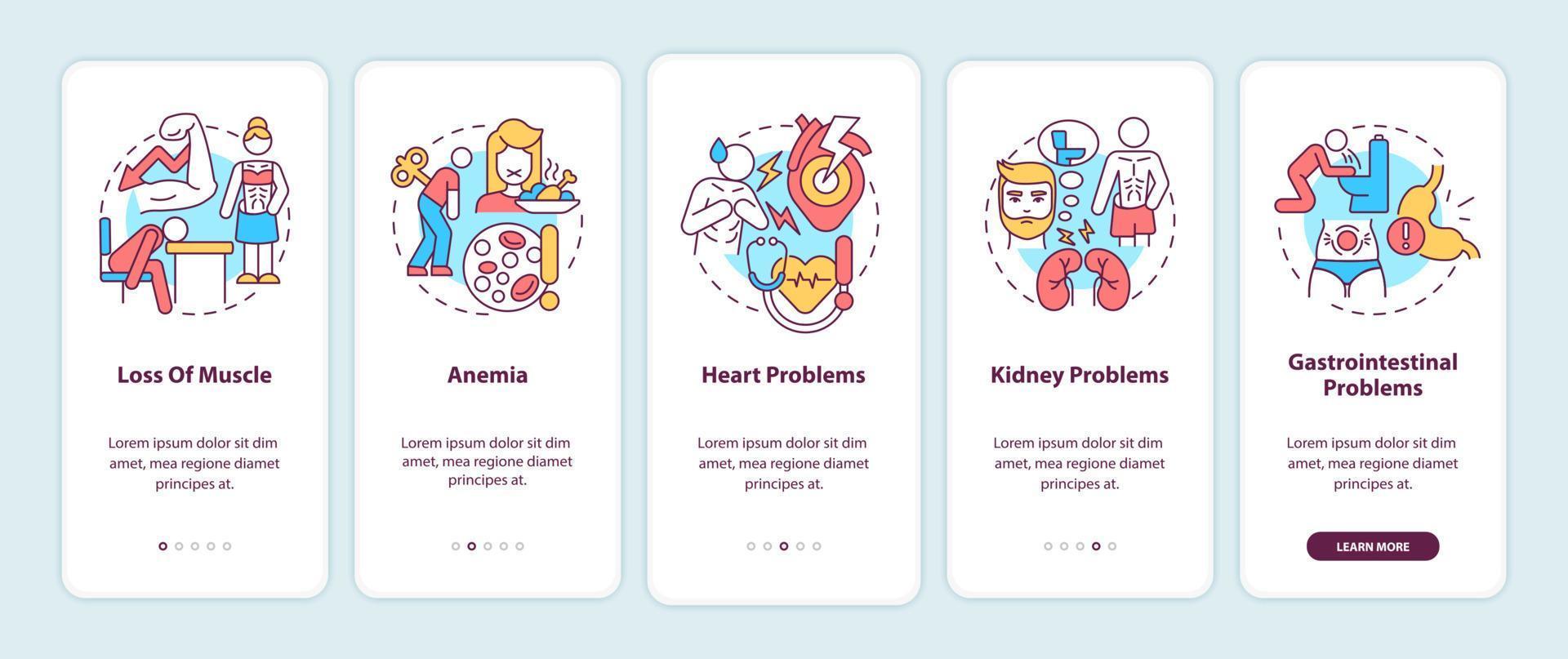 Anorexia complications onboarding mobile app screen. Loss of muscle walkthrough 5 steps graphic instructions pages with linear concepts. UI, UX, GUI template. Myriad Pro-Bold, Regular fonts used vector