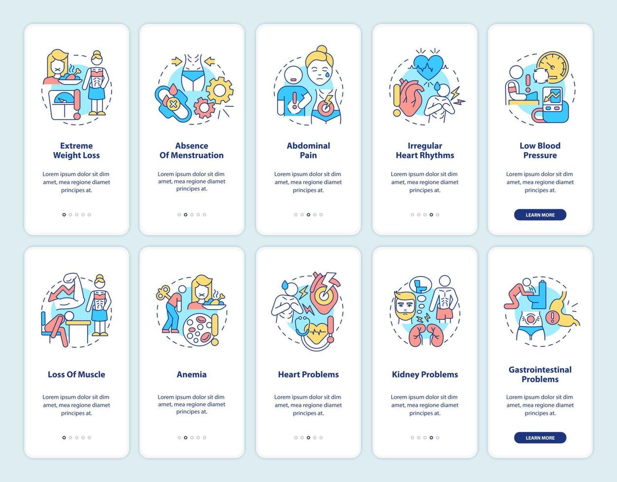 Anorexia and bulimia onboarding mobile app screen set. Underweight issues walkthrough 5 steps graphic instructions pages with linear concepts. UI, UX, GUI template. Myriad Pro-Bold, Regular fonts used vector