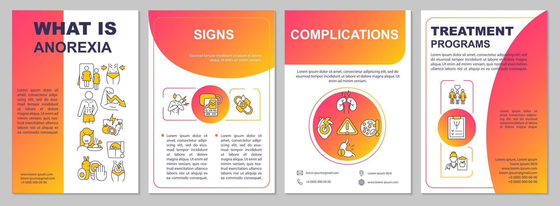 Anorexia red gradient brochure template. Health complications. Booklet print design with linear icons. Vector layouts for presentation, annual reports, ads. Arial, Myriad Pro-Regular fonts used