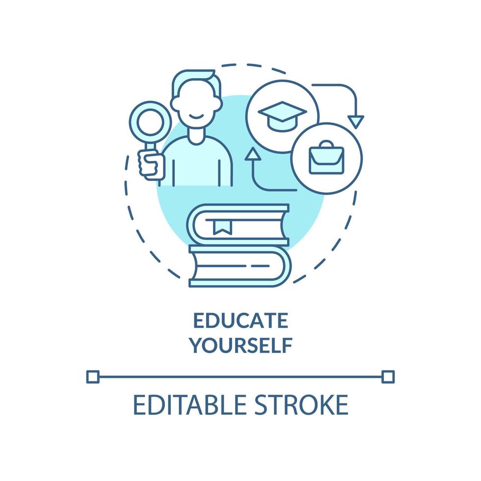 Educate yourself turquoise concept icon. Learn to spot signs of anxiety abstract idea thin line illustration. Isolated outline drawing. Editable stroke. Roboto-Medium, Myriad Pro-Bold fonts used vector