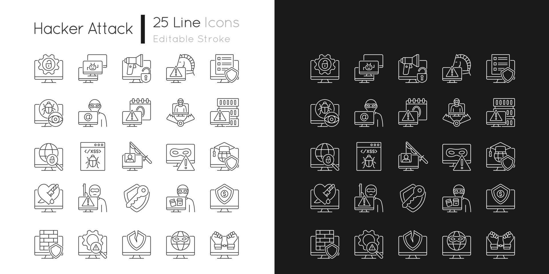 Hacker attack linear icons set for dark and light mode. Computer system disruption. Customizable thin line symbols. Isolated vector outline illustrations. Editable stroke. Quicksand-Light font used