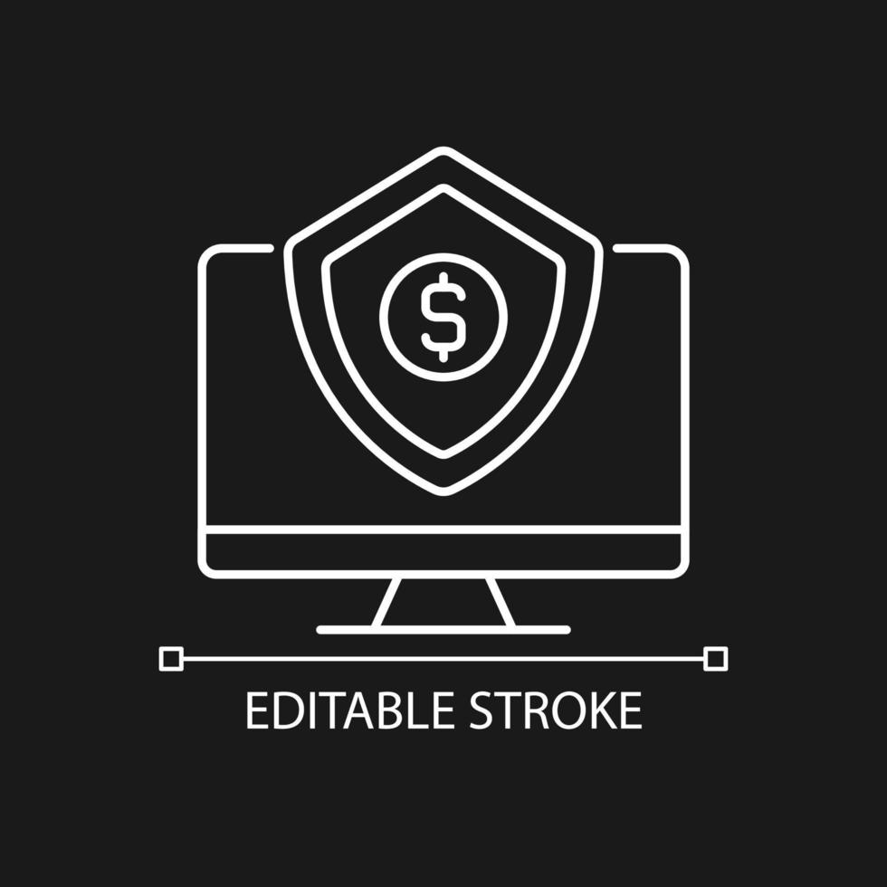 Cyber insurance white linear icon for dark theme. Business liability. Thin line customizable illustration. Isolated vector contour symbol for night mode. Editable stroke. Arial font used