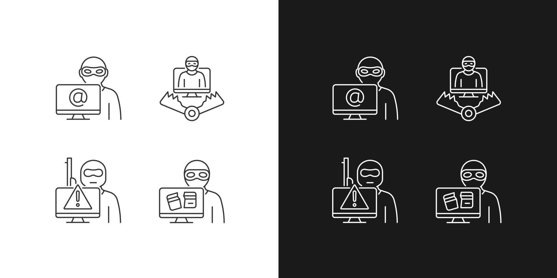 Cyber attacker linear icons set for dark and light mode. Cyberterrorism. Cybercriminal trap. Computer disruption. Customizable thin line symbols. Isolated vector outline illustrations. Editable stroke