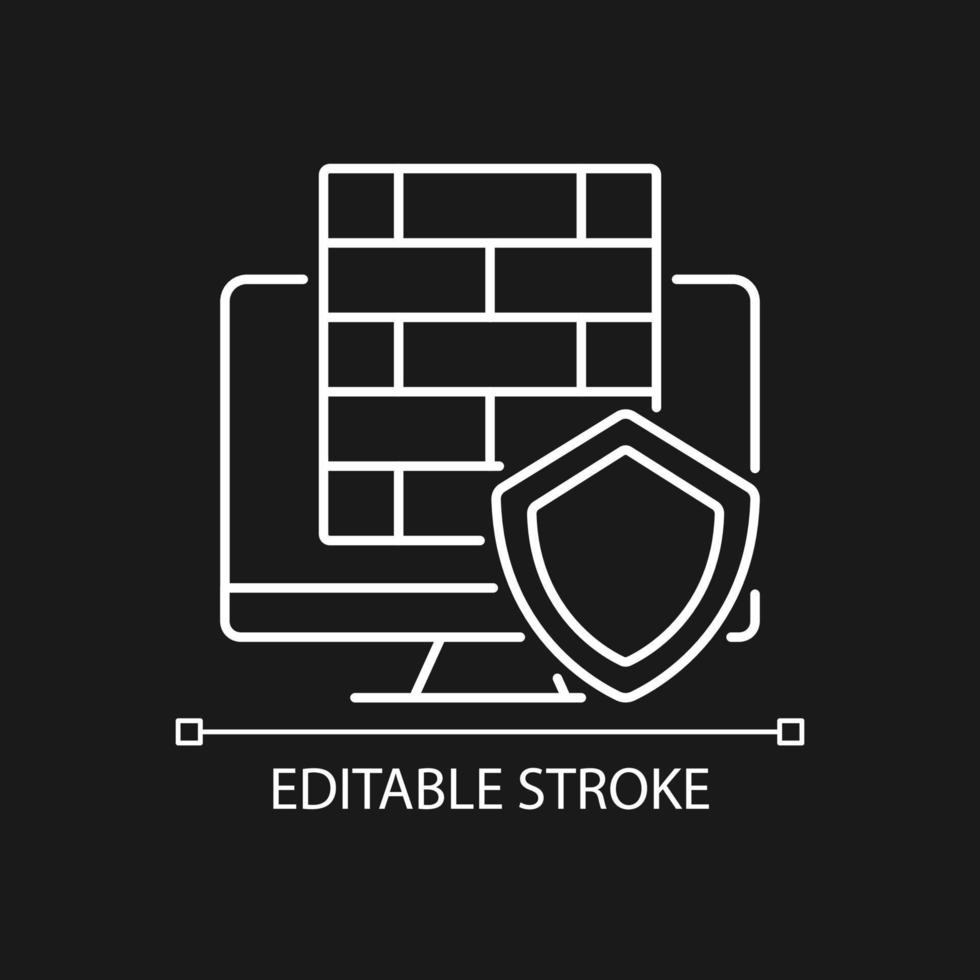 Firewall white linear icon for dark theme. Protective software, hardware. Thin line customizable illustration. Isolated vector contour symbol for night mode. Editable stroke. Arial font used