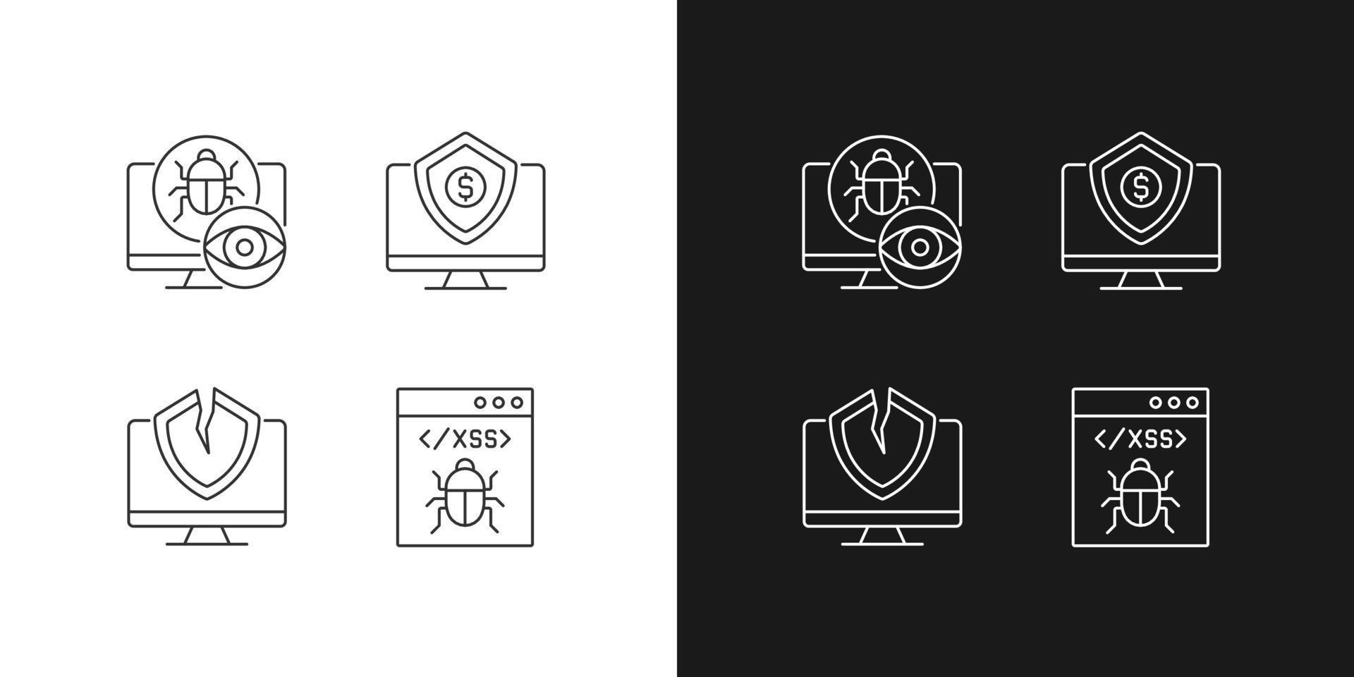Computer vulnerability exploitation linear icons set for dark and light mode. Hacker attacks. Customizable thin line symbols. Isolated vector outline illustrations. Editable stroke