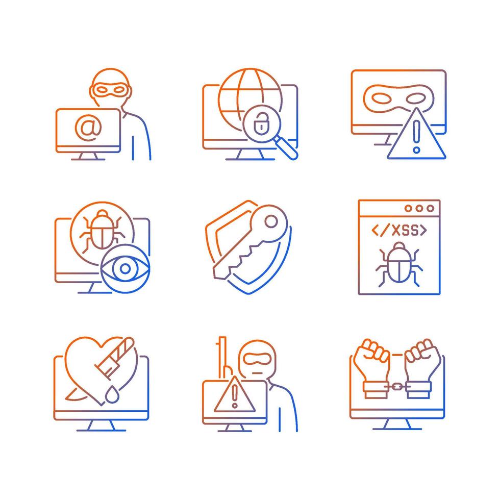 Cyber attacks types gradient linear vector icons set. Network crash. Cybersecurity. Spyware and rootkit. Isolated vector illustrations. Simple filled line drawings collection. Editable stroke